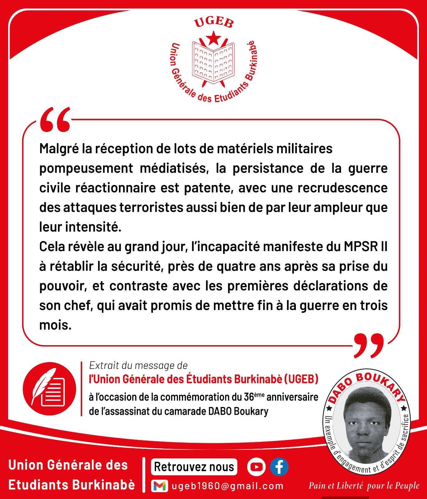Burkina Faso : le cri d&rsquo;alarme de l&rsquo;UGEB face à l&rsquo;échec sécuritaire du MPSR II