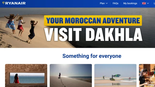 Capture d'écran d'une campagne publicitaire de Ryanair mettant en avant des vols vers Dakhla