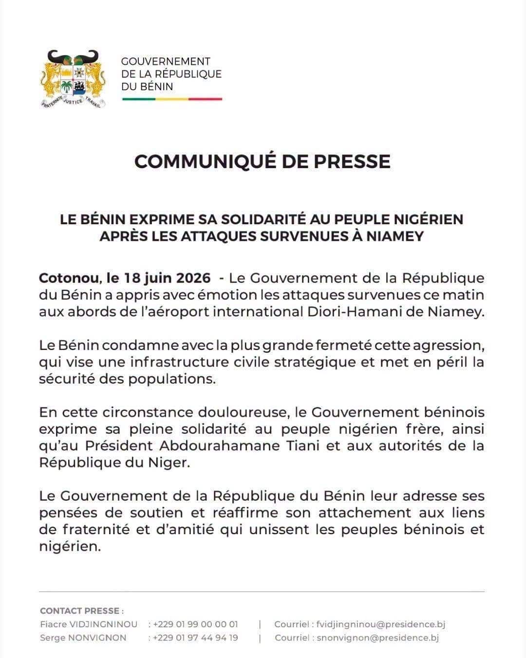 Communiqué officiel du gouvernement béninois exprimant sa solidarité avec le Niger