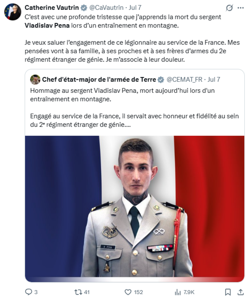 Capture des publications officielles après la mort du sergent Pena