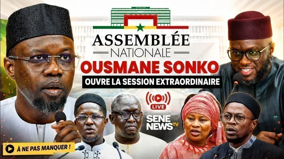 Ouverture de session à l'Assemblée nationale sénégalaise Session parlementaire au Sénégal : Ousmane Sonko lors de l'ouverture d'une réunion d'urgence